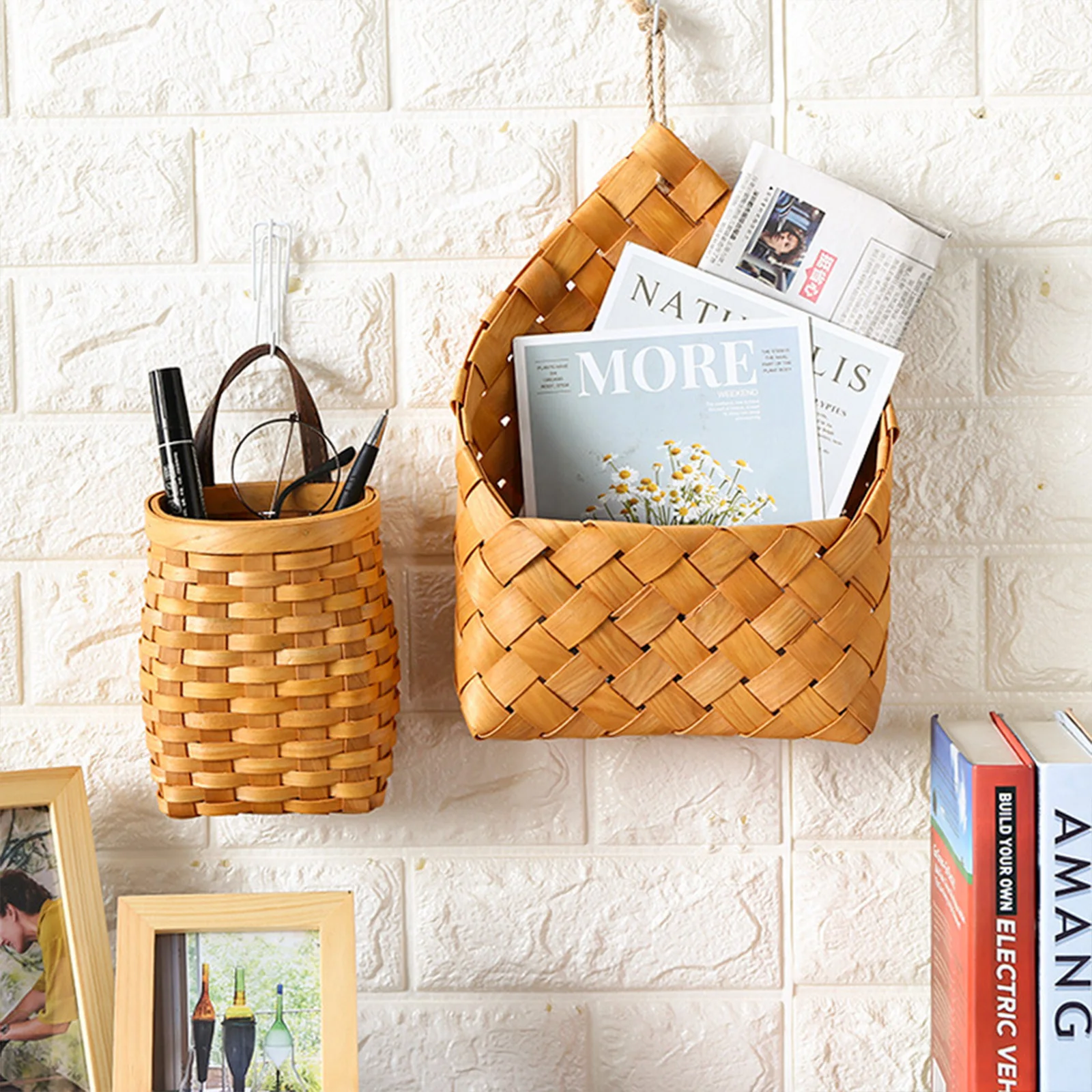 

Desktop Sundry Storage Basket Flower Pots Wicker Organizer Baskets Planters Organizing Shelf Weaving Wall Hanging Woven Boxes