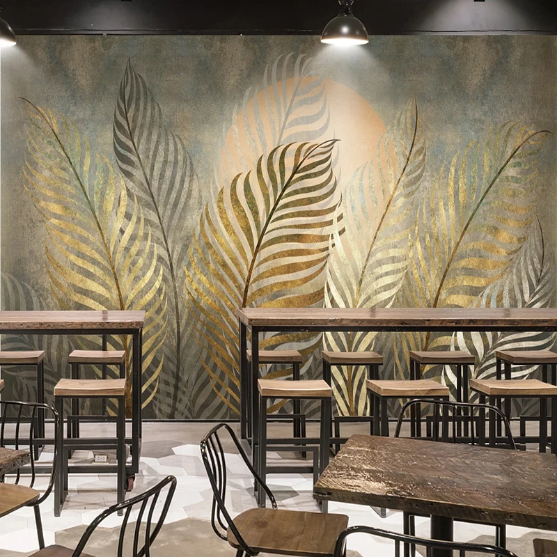 European Style 3D Golden Leaf Wallpaper Art Retro Restaurant Cafe Background Wall Papel De Parede Creative Home Decor 3D Murals