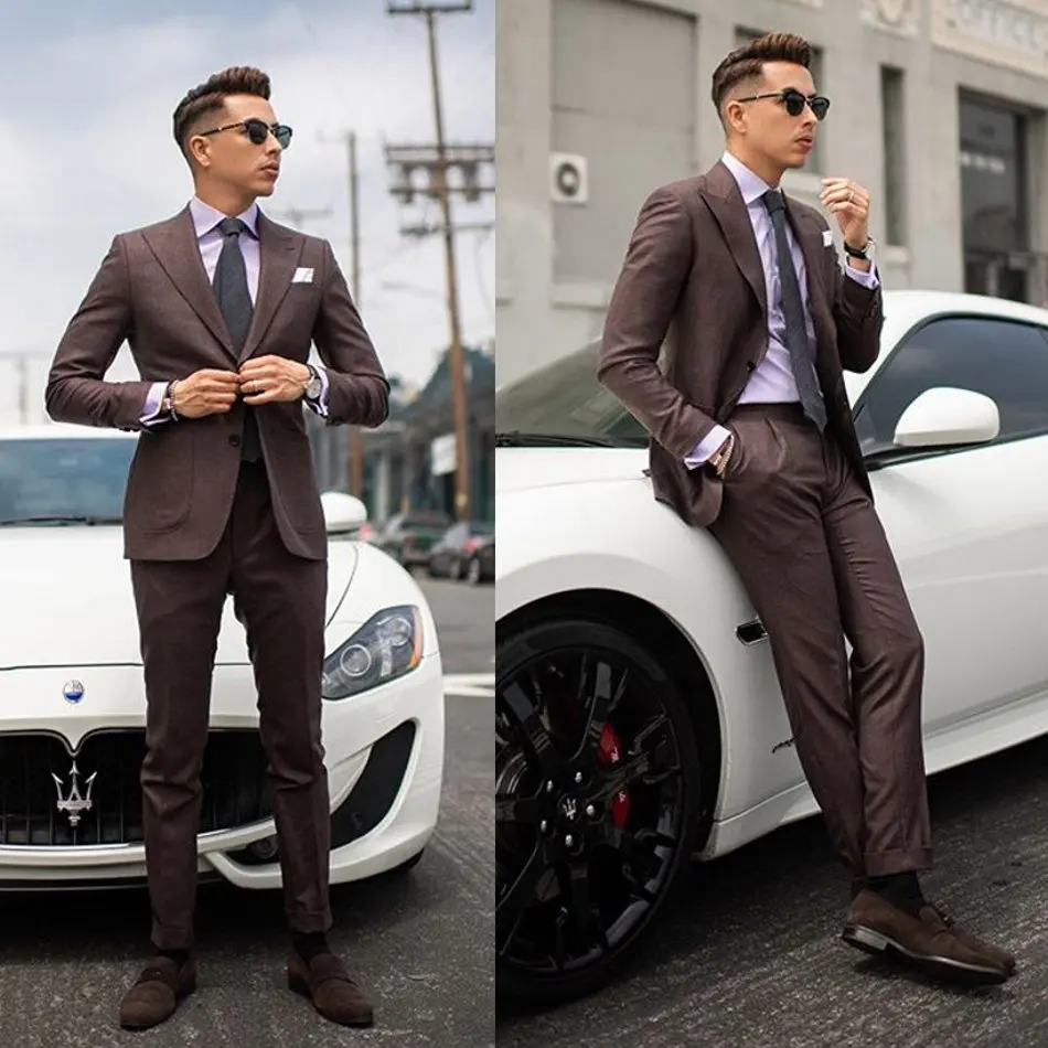 

Newest Mens Suits Polyester Blend 2 Piece (Coat+Pants) Peaked Lapel Costume Homme Business Men Suit Slim Fit