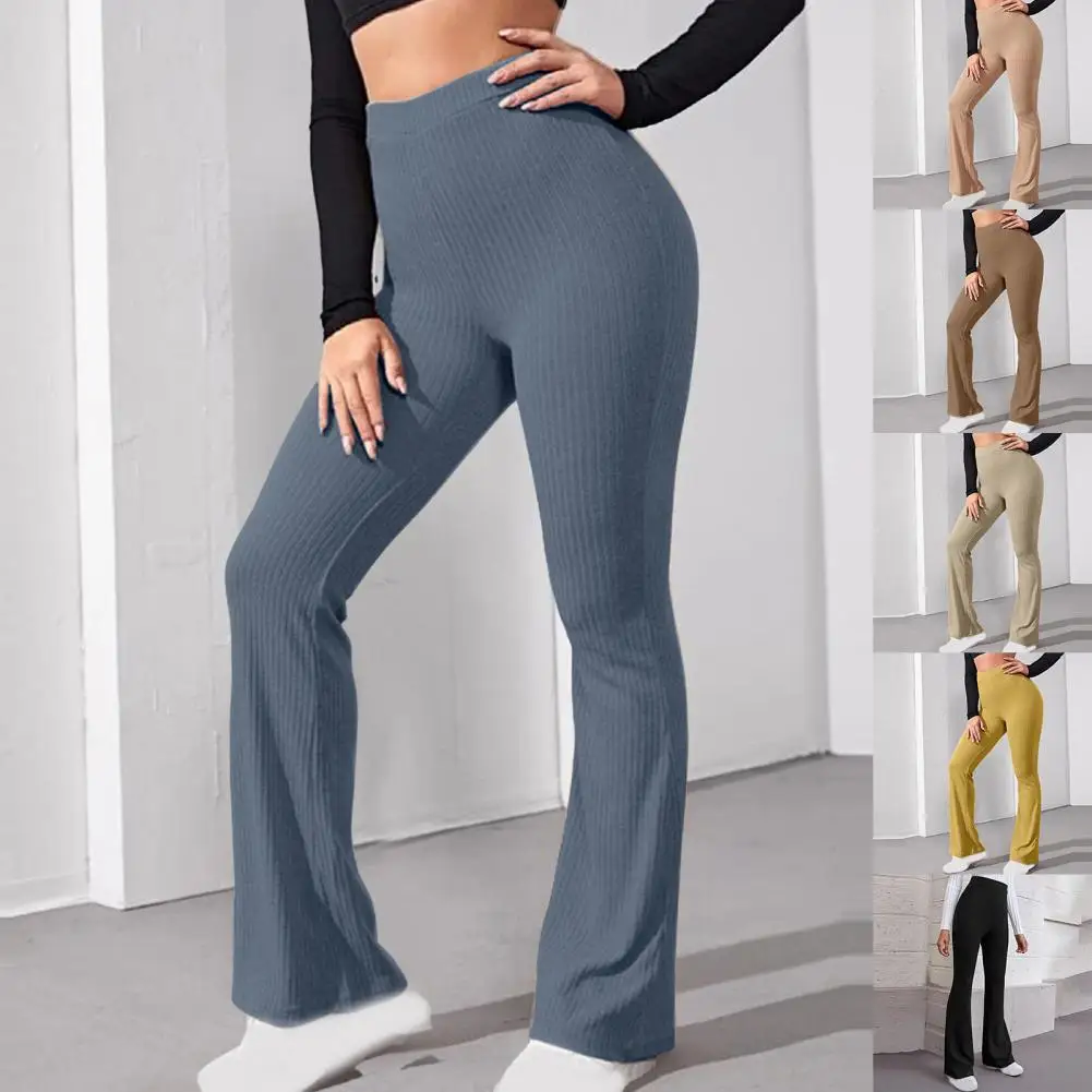 

Women Career Long Trousers Solid Color Knitted Summer Casual High Waist Full Length Flared Trousers for Elegant Female for Sport