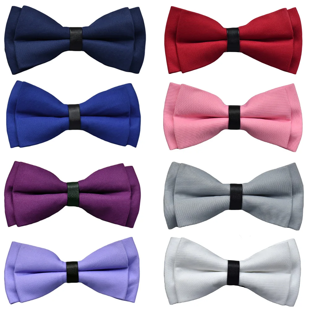 Men Stylish Solid Color Faux Leather Bow Tie Double Layer Pre-tied Tuxedo Bowtie