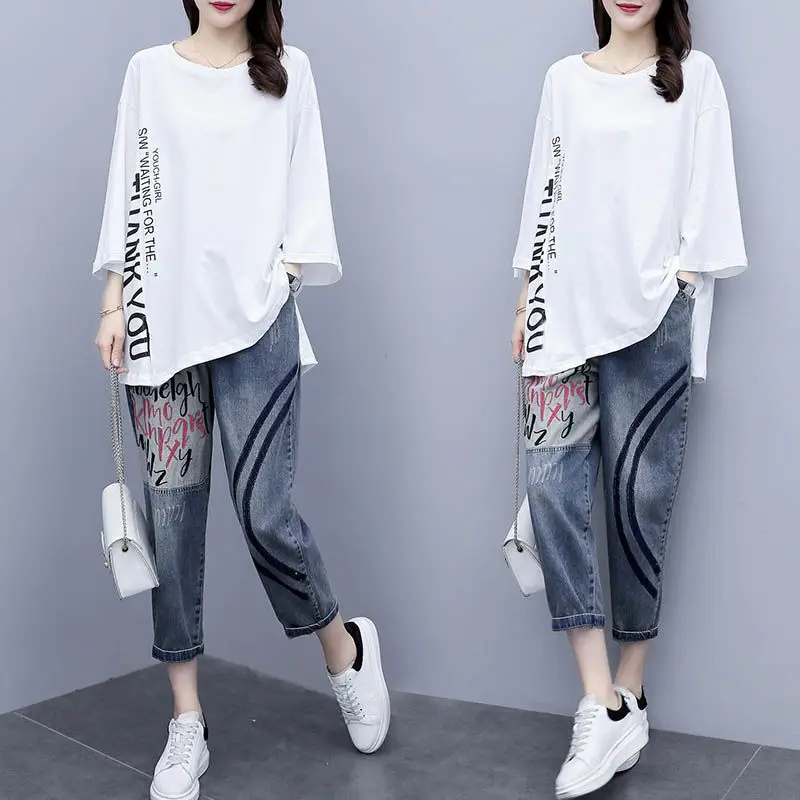 2023 New Women Two Piece Set White Black Top And Jeans Outfit Female 4XL Loose Casual Suits Lady Denim Pants 2PCS Y697