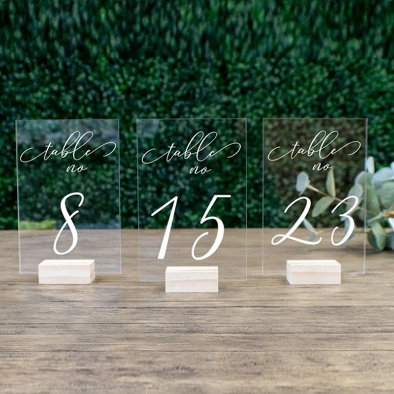 

Personalized Wedding Table Numbers with Holders Calligraphy Acrylic Table Number,Wedding Signage Clear Wood Table Number Stand