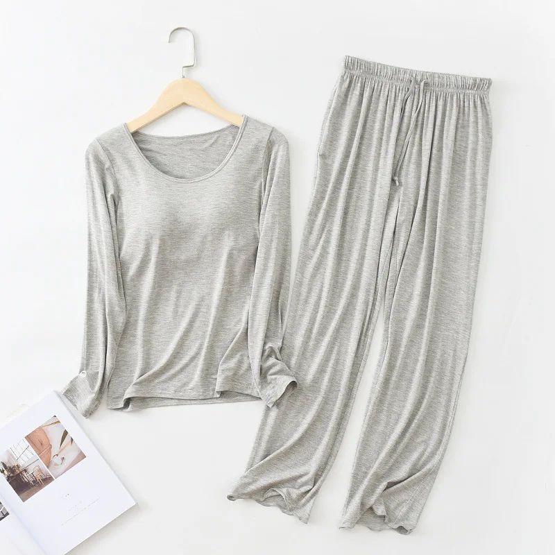 New Women\'s Autumn Winter Pajamas Sets Chest Pad Long Sleeve Sleepwear Ladies Pijama Long Pant Cotton Two Piece Pyjamas Women