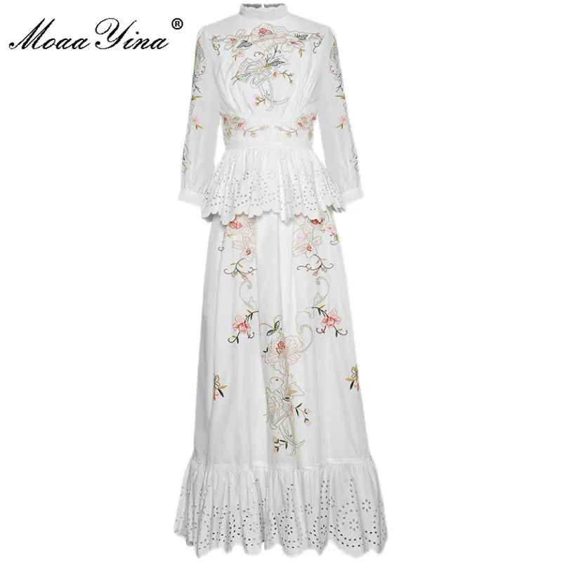 MoaaYina Fashion Designer dress Spring Autumn Women\'s Dress Stand collar Flowers Embroidery Hollow out Ruffles Maxi Dresses