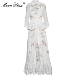 MoaaYina Fashion Designer dress Spring Autumn Women's Dress Stand collar Flowers Embroidery Hollow out Ruffles Maxi Dresses