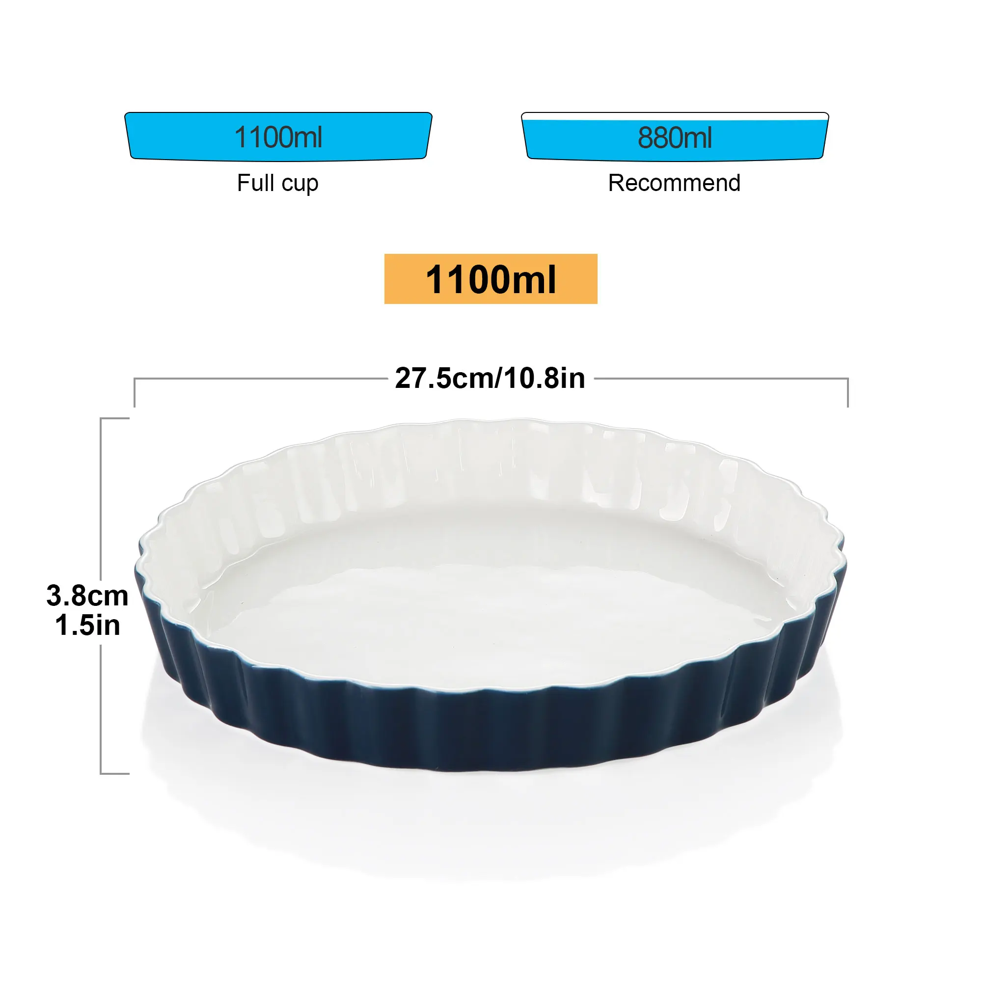 LOVECASA 1/2-Piece Porcelain Round Quiche Dish Traditional Porcelain Flan Pan Baking Plate with Ruffled Edge(27.5x27.5x3.8cm)