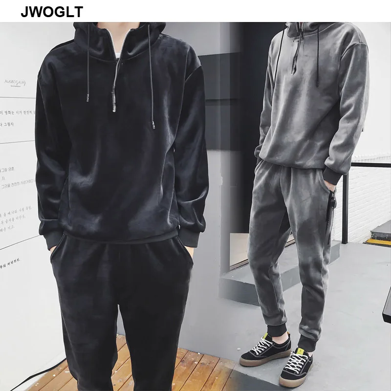 Autumn Winter Soft Warm Men Velour Tracksuit Korean Fashion Gold Velvet Track Suit Hoody Hoodies and Jogger Pants 2Pieces Outfit