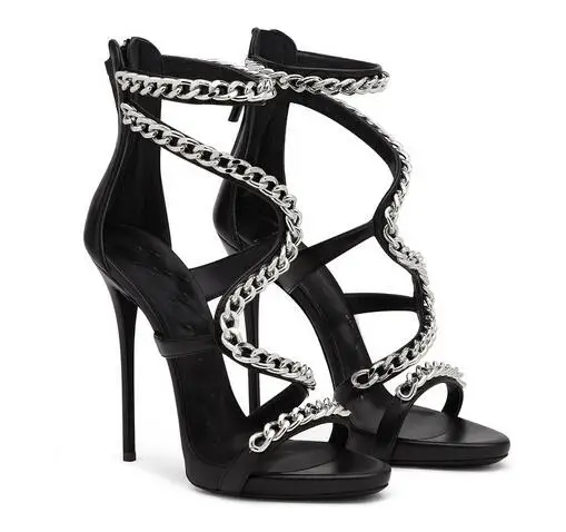 Newest Summer Woman Black Red White Zipper Back High Heel Sandals S Shape Sliver Chains Cover Heel Sexy Party Sandals Shoes