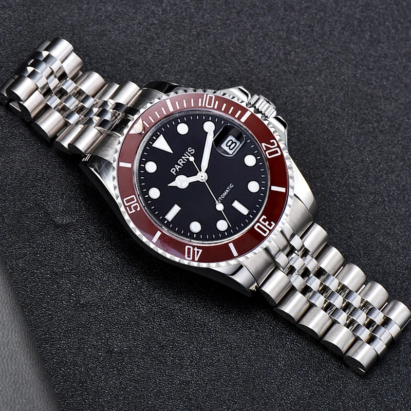 

PARNIS Luxury SUB MIYOTA8215 Movement Mechanical Men Watch Black Dial Red Bezel Insert Jubilee Bracelet Mental Backcover