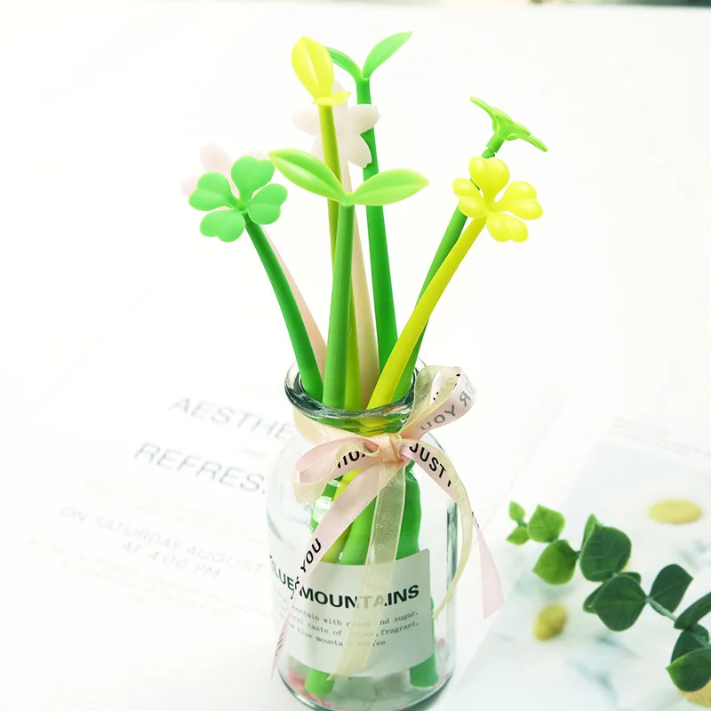 24PCS Soft Silicone Gel Pen Black 0.5mm New Cute Four-leaf Clover Style Signature Pen Kawaii School Supplies Stationery