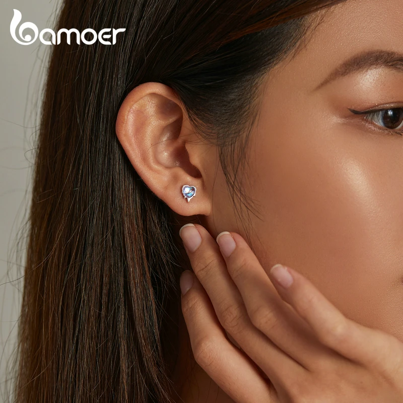 bamoer Authentic 925 Sterling Silver Melting Heart-Shaped Moonstone Stud Earrings for Women Silver Earrings Jewelry Party Gift image 2