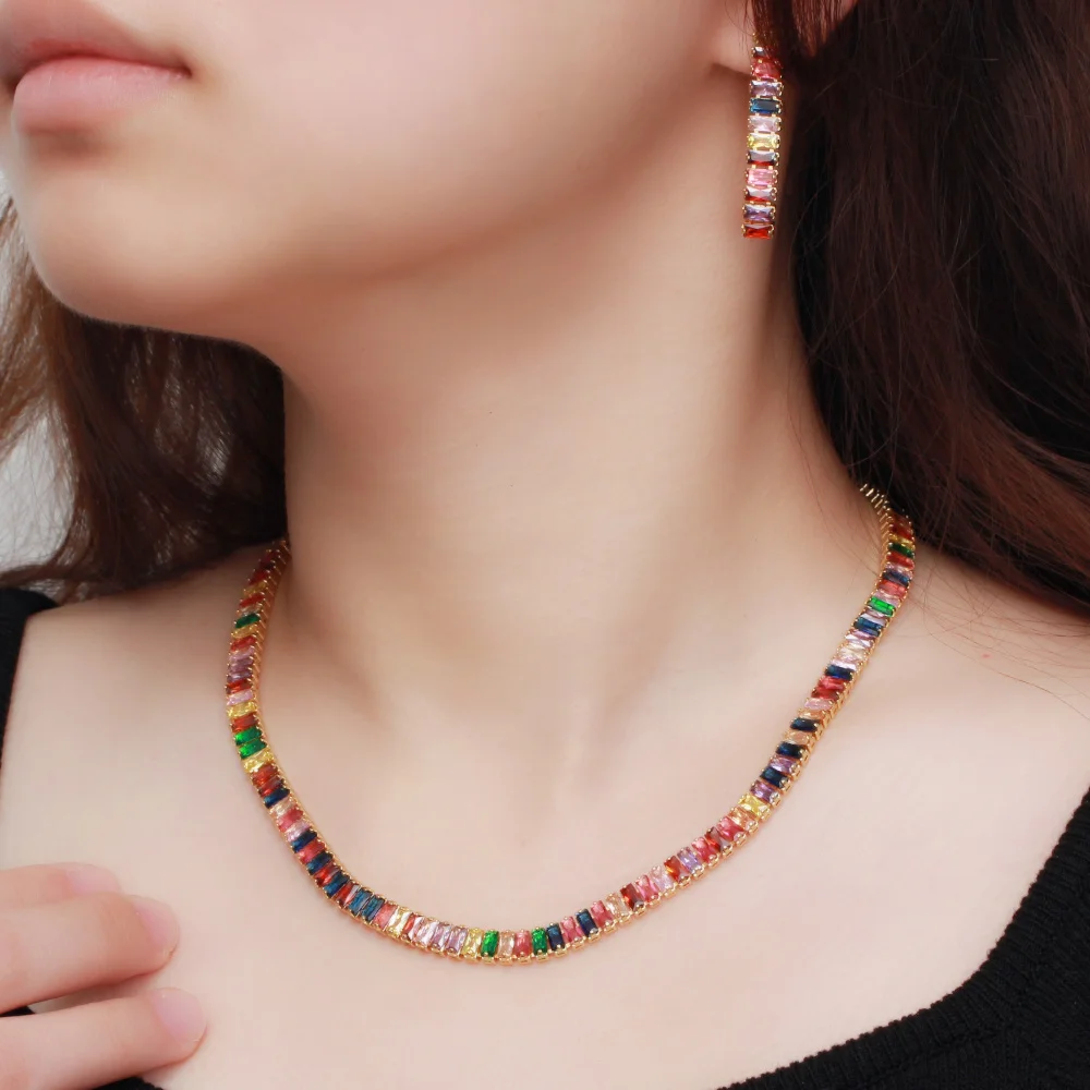 CWWZircons Multicolor Rainbow Rectangle Cubic Zirconia Earring Necklace Sets for Women Trendy Party Boho Costume Jewelry T521