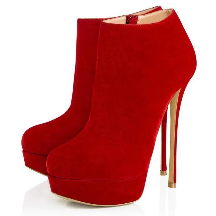 Plus Size 13 Red Suede Women Ankle Boots Stretch Fabric High Heels Platform Boots Thin Heels Party Dress Shoes Customized