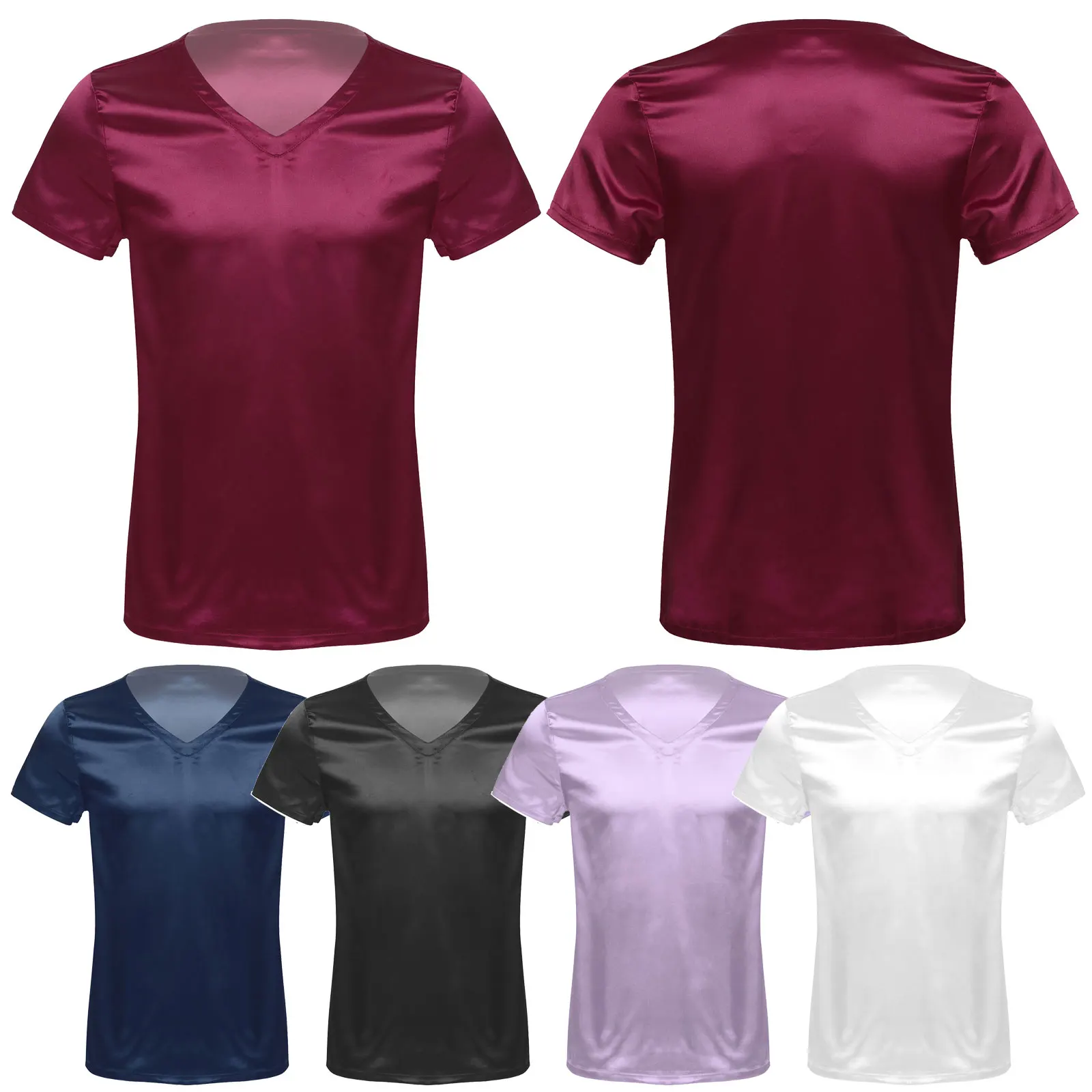 Mens Male Clothing V Neck Short Sleeve Satin Casual Comfortable T-Shirt Loose Pajamas Tops Loungewear Sleepwear Nightwear