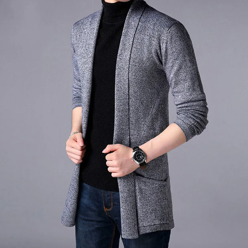 Casacos longos e finos de suéter masculino, jaquetas monocromáticas de malha, suéteres masculinos casuais, outwear cardigan, moda, outono, 2024