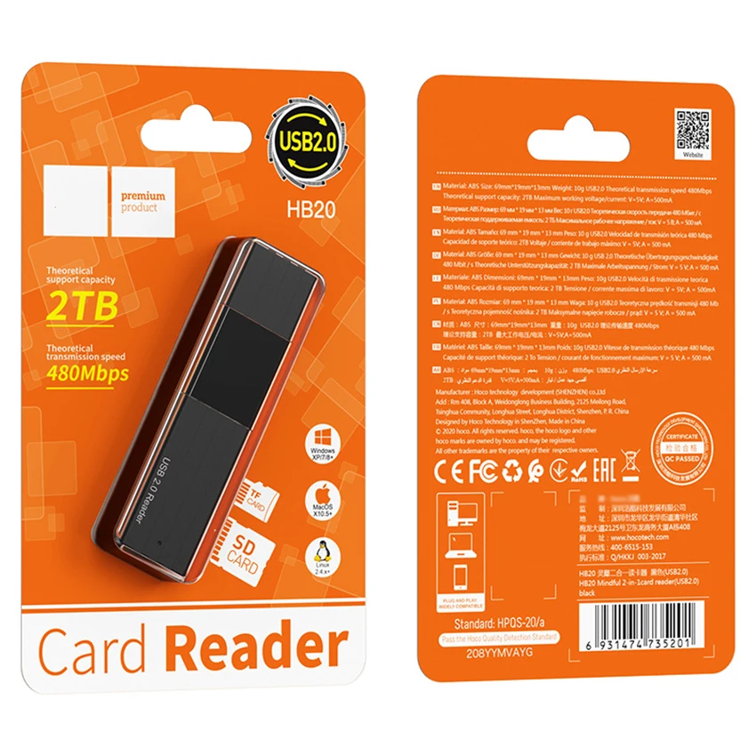 2 em 1 Leitor de Cartão USB 2.0 Para SD/TF Cartão Leitor De Memória Multi-cartão USB Escritor Adaptador Flash Drive Laptop Acessórios