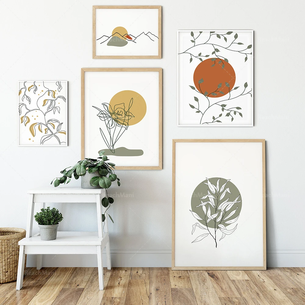 

Bohemian prints, neutral art version, abstract landscape still life posters bundled with green canvas printing