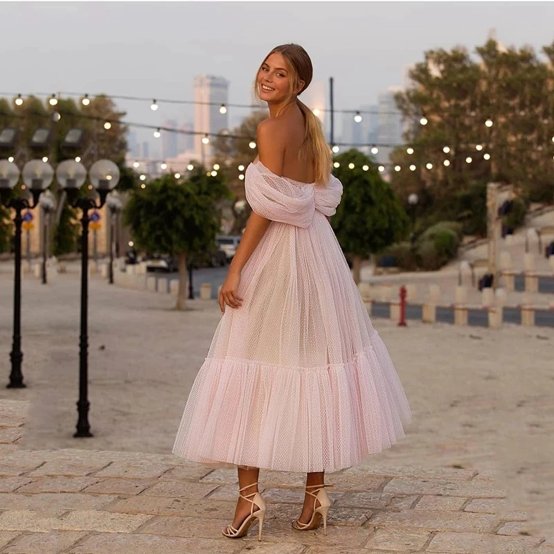 LORIR New Pink Sweetheart Off The Shoulder Dot Net Prom Dress 2021 Fashion A-Line Tea Length Evening Dress Customized Dress