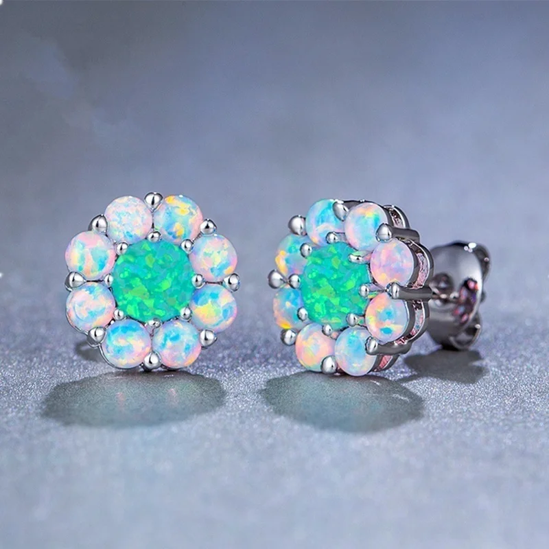 Fashion Women Jewelry Fire Opal Earrings Flowers Crystal Wedding Ear Stud For Women Birthday Gift Accessories