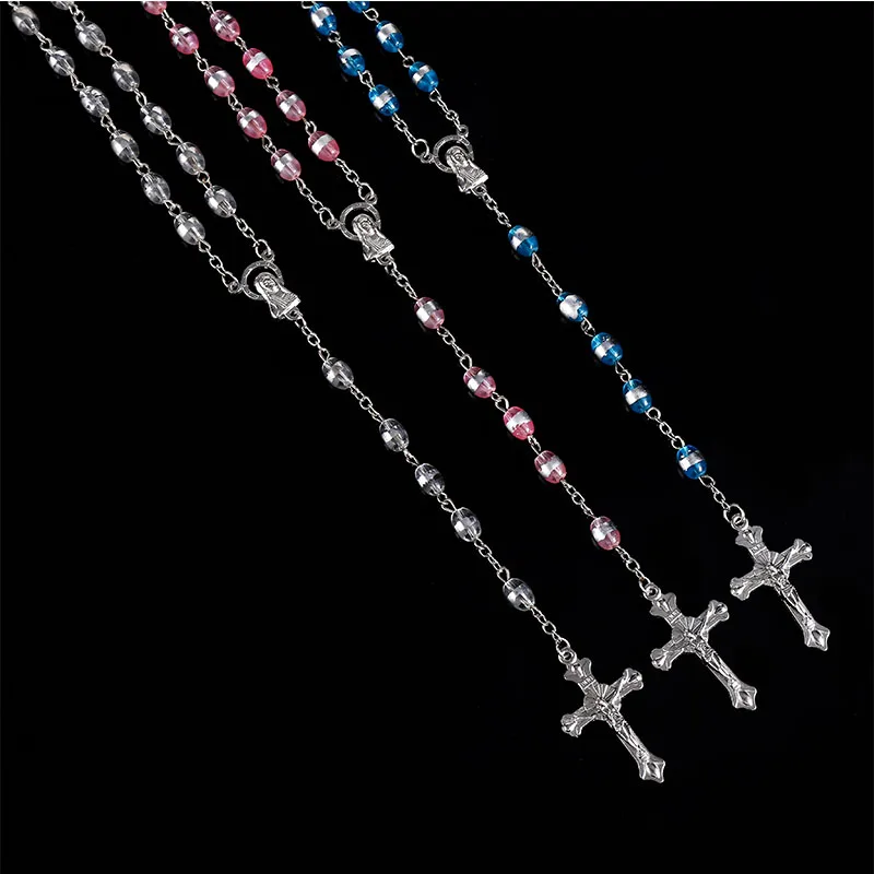 New Fashion Handmade Catholic Rosary Glass Beads High Quality Cross Bead Necklace Religious Cross Bead Pendant Necklace