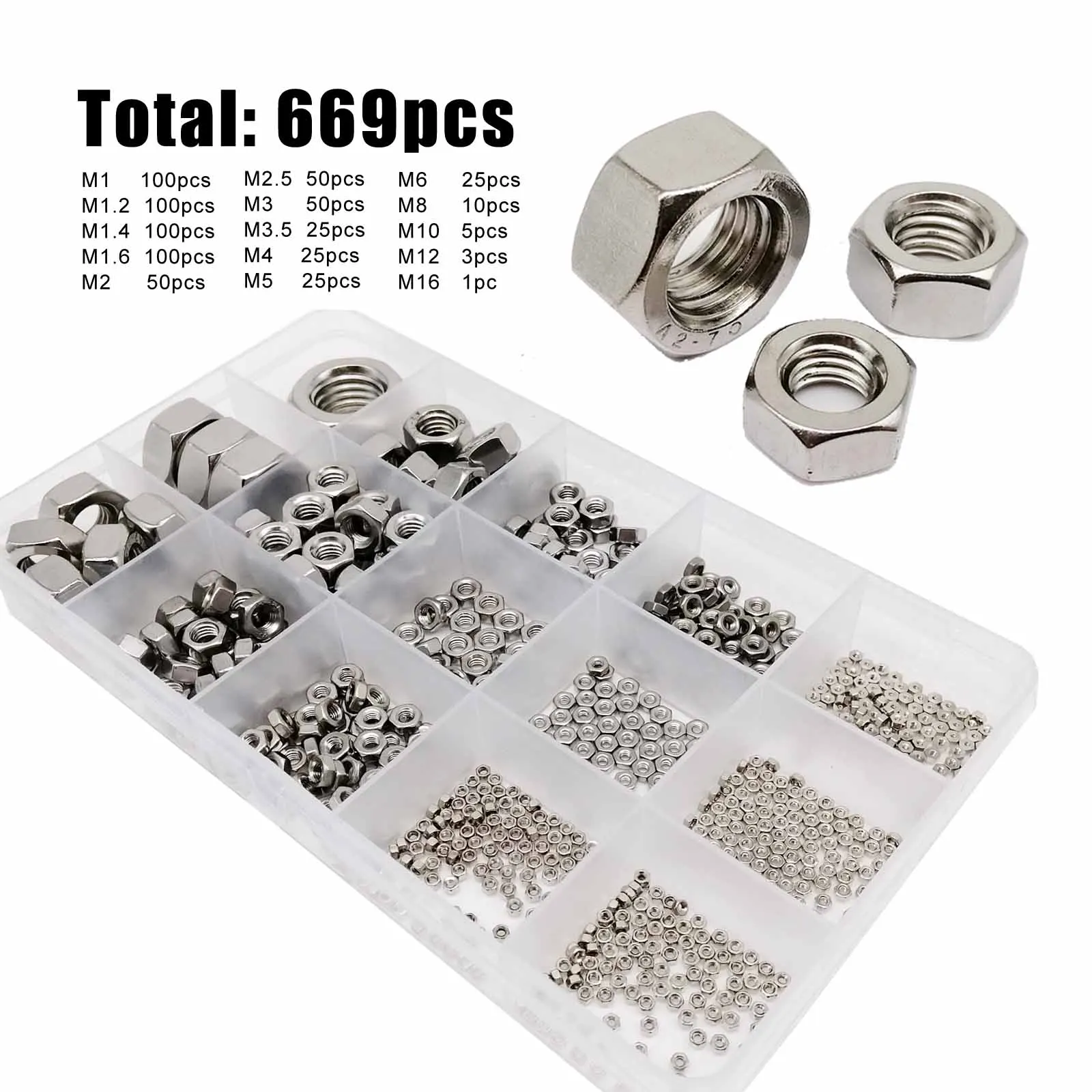 

669pcs M1 M1.2 M1.4 M1.6 M2 M2.5 M3 M3.5 M4 M5 M6 M8 M10 M12M16 304 A2 Stainless Steel DIN934 Hex Hexagon Nut Set Assortment Kit