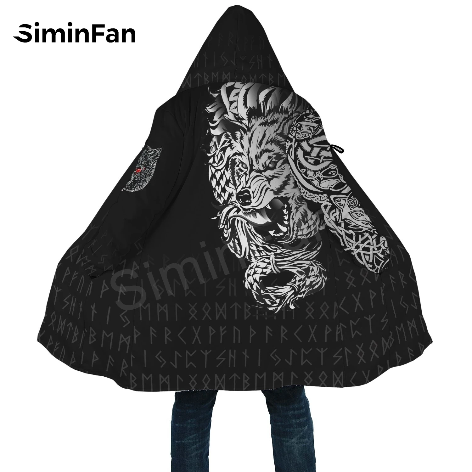 Viking Fenrir Wolf Tattoo 3D Print Mens Hooded Cloak Windbreaker Winter Thick Flannel Coat Unisex Casual Cashmere Warm Jacket 04