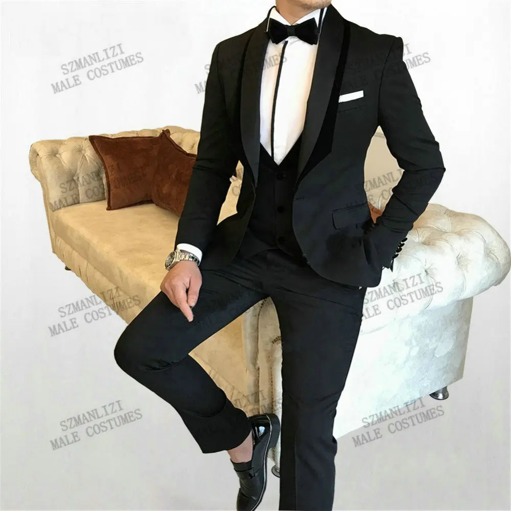 

Costume Homme New Design Black Shawl Lapel Men Suits Formal Male Tuxedo Groom Wedding Slim Fit Terno Masculino Prom Blazer 3 Pcs