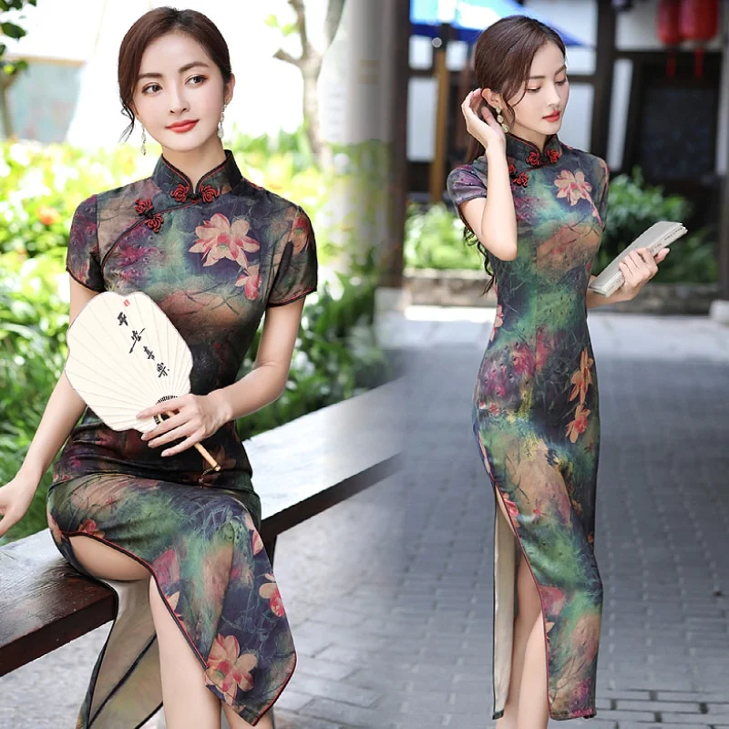 

Summer Long Cheongsam Vintage Qipao Silk Fashion Daily Women Dress Slim Party Costume Dresses Lotus Landscape Print