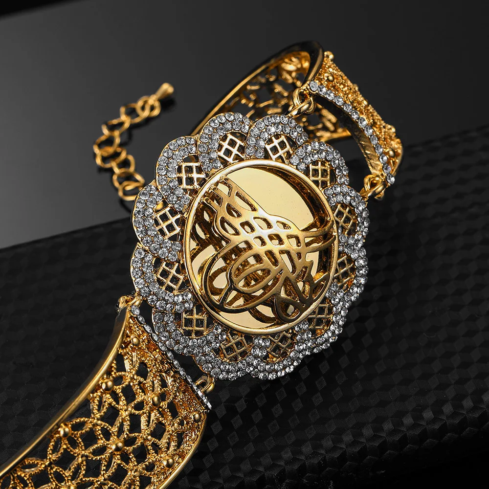 Muslim Islam Wedding Gift Middle East Jewelry Bracelets Arab Allah Bracelet Vintage Gold Color Flower Wide Cuff Bangle