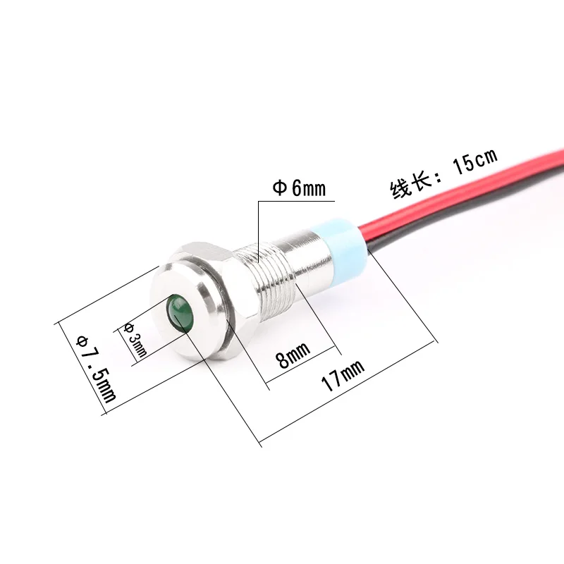 Luz LED de cabeza convexa, lámpara de señal impermeable con cable, 6mm, 6V, 12V, 24V, 220v, color rojo, amarillo, azul, verde y blanco, 1 unidad