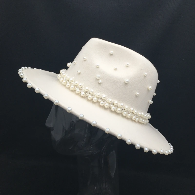 Fedora panama Autumn winter white wool women\'s hat with many Pearls ladies caps hand-made fashion French style