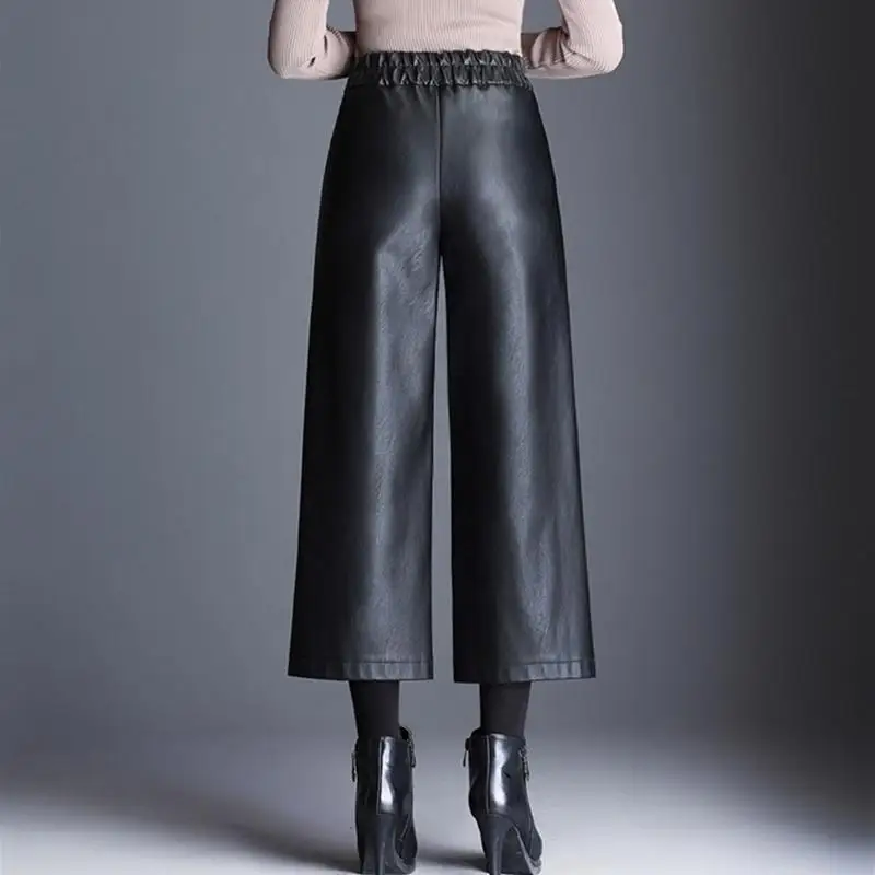 Plus Size Pu Faux Leather Wide Leg Ankle-length Pants Women Baggy Black Shiny High Waist Womens Loose Pant 2022 Korean Trousers