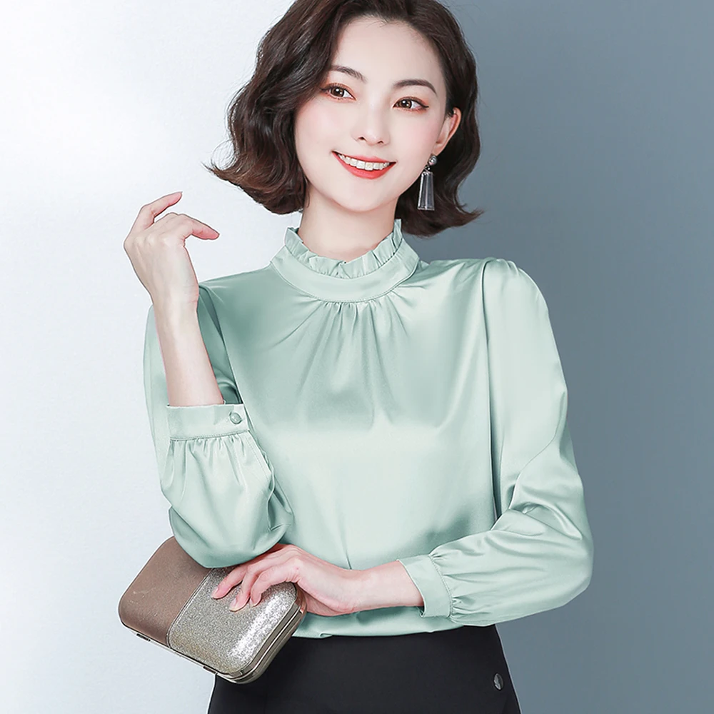 New Fashion Woman Blouses 2024 Long Sleeved Women\'s Shirts Satin Blouses Office Work Wear Tops Ruffles Stand Collar Shirts Femme