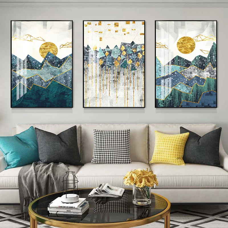 

Sunrise over the mountains Abstract Painting Crystal Porcelain Painting Hotel Living room Home decorative picture Three pictures