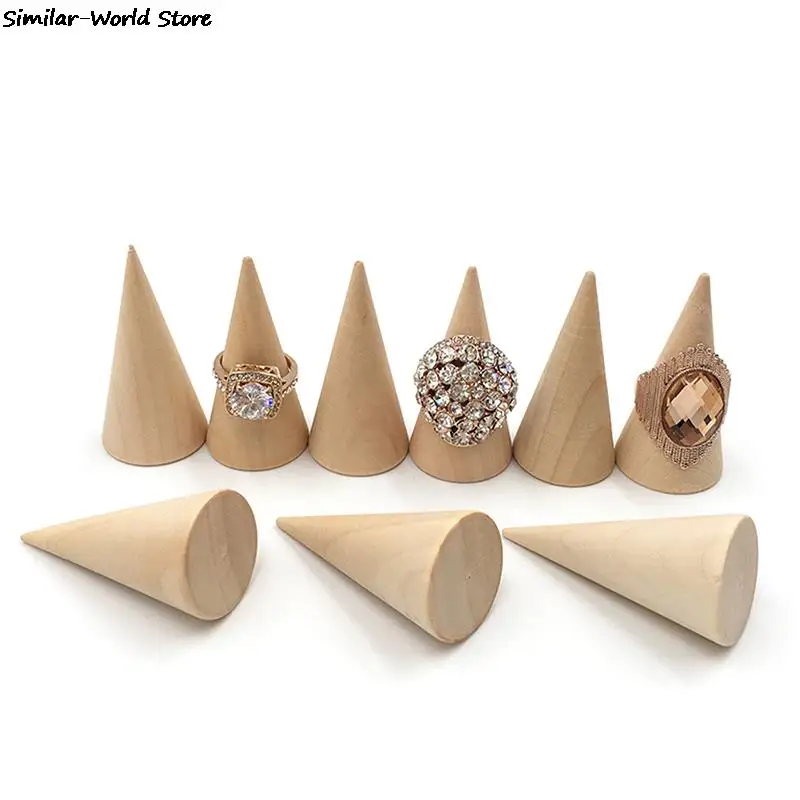 1PCS Ring Holder Vintage Natural Unpainted Wood Finger Cone Jewelry Display Stand Organizer Storage Rack Showcase For Exhibit