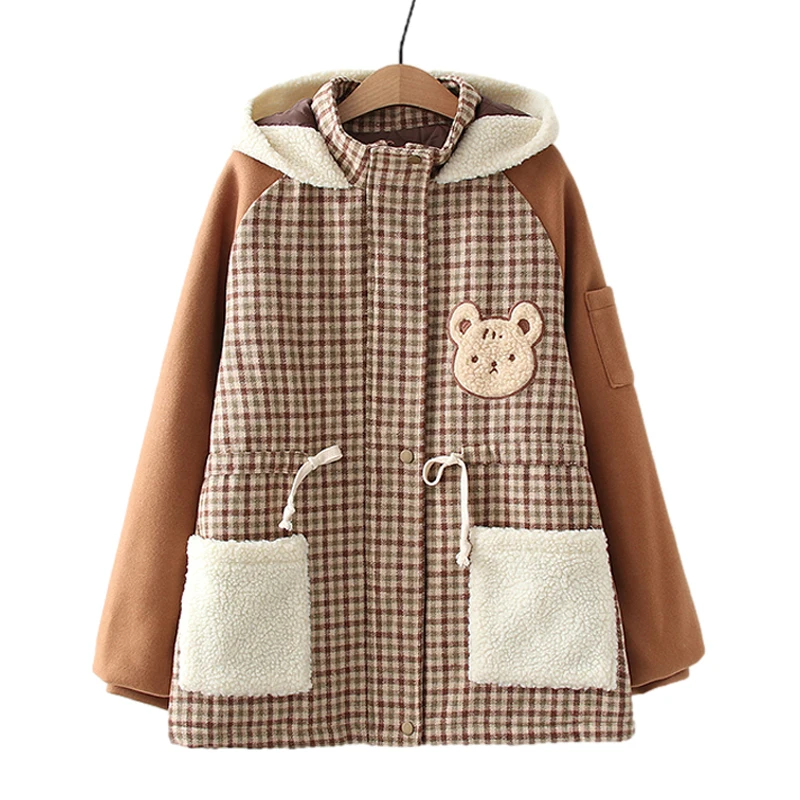 Winter Japanese Soft Girl Padded Coat Women Harajuku Kawaii Fax Fur Lamb Jacket Teen Brown Vintage Plaid Warm Outerwear Overcoat