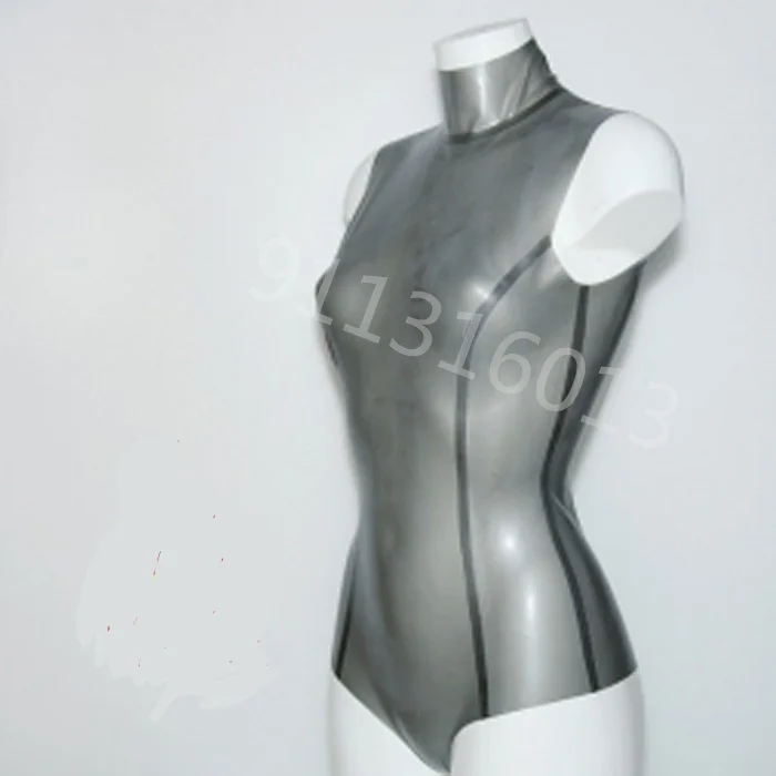 

Sexy Women Transparent Black Latex Swimsuit Rubber Bodysuit Aerobics Outfit with Back Zip