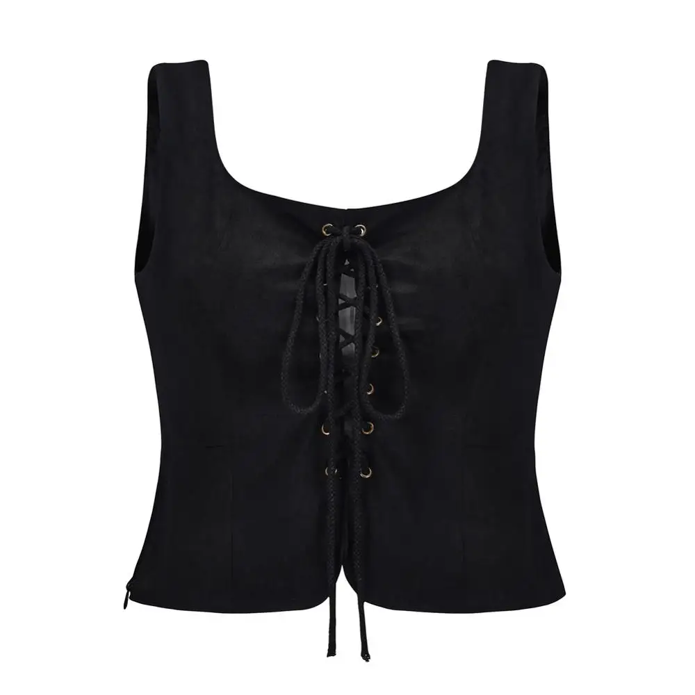 

Black O Neck Sleeveless Front Lace Up & Side Zipper Steampunk Top Women Gothic Tank Vintage Waistcoat Medieval Vest Streetwear