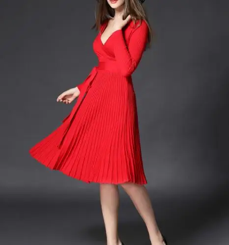 Women's Knitted Pleated V-Neck Midi Dress High Waist Bowtie Lace Up Vintage Woman's Dresses 2021 Summer Fashion Female Clothes