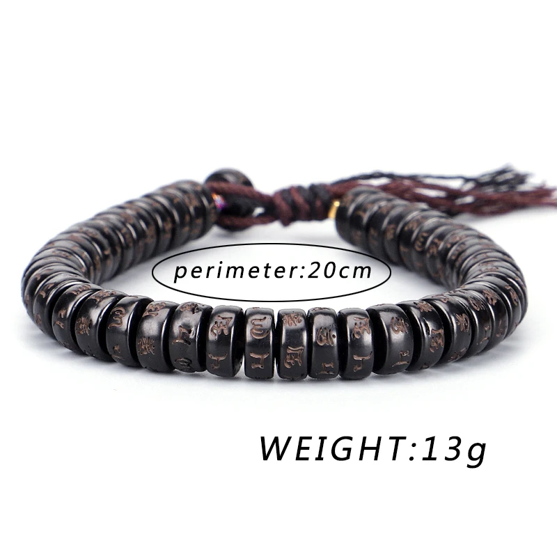 Tibetan Buddhist Handbraided Brown Black Cotton Thread Lucky Knots Bracelet Natural Coconut Shell Bead Carved Mantra Bangle