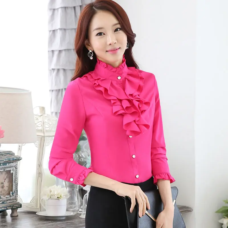 Fashion Victorian Blouses Women OL Office Lady White Pink Shirt High Stand Neck Frilly Ruffle Cuffs Shirts Female Flounce Blusas