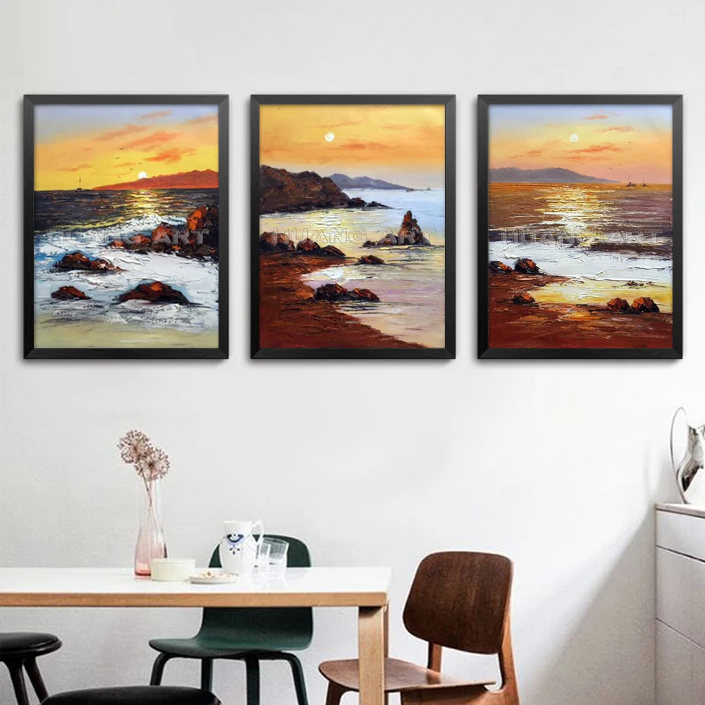 Pure Hand-painted Modern Sunrise Sky Sea Landscape Oil Painting on Canvas for Living Room Decor Knife Sea Wave Seascape Painting