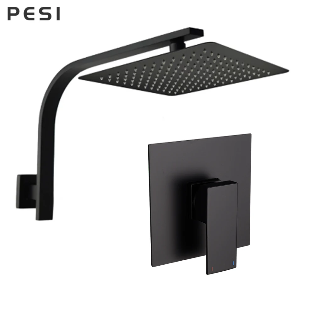 

New Wholesale Brass Faucet Square Style Single Handle Matte Black Wall Bathroom Shower System Set Mixer Tap With Headshower.