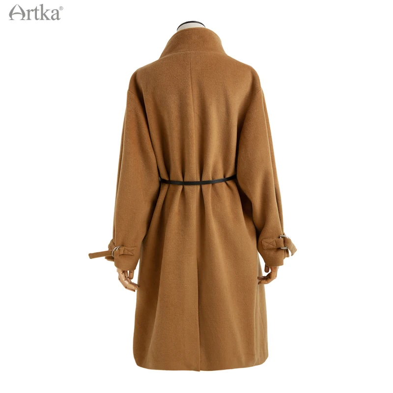 ARTKA 2021 Winter New Fashion Simple Woolen Coat Women Long Loose Thicken Woolen Outerwear With Genuine Leather Belt FA25011D