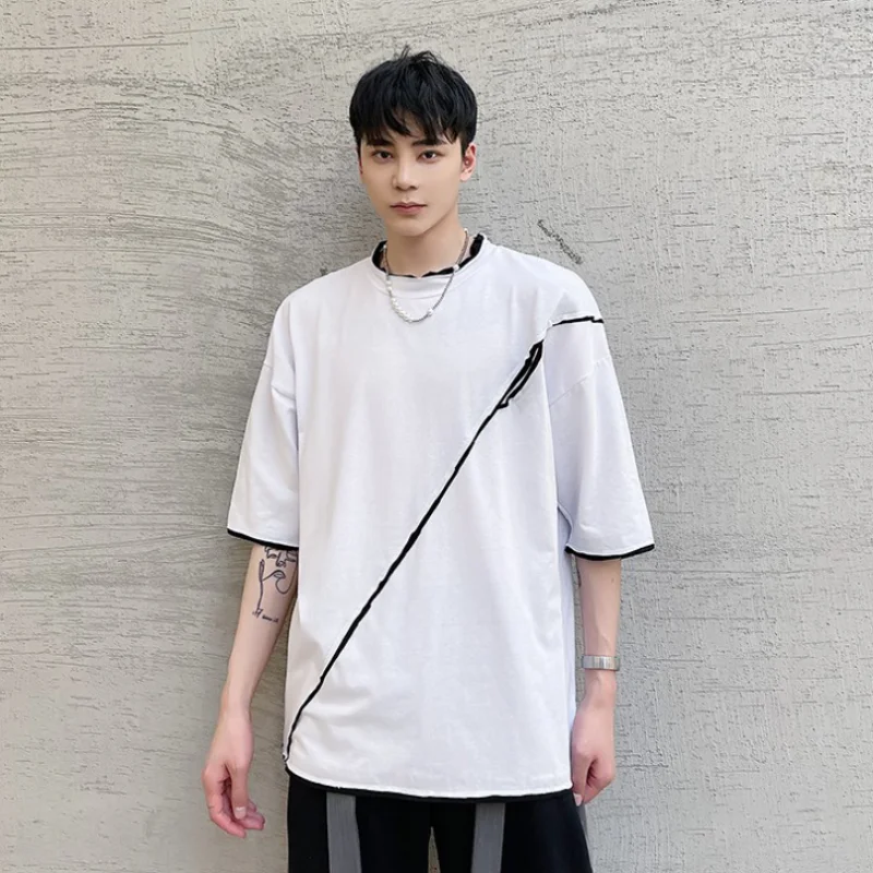 Men's summer personality color splicing loose short sleeves trend Korean version of the simple dividing line large size T-shirt