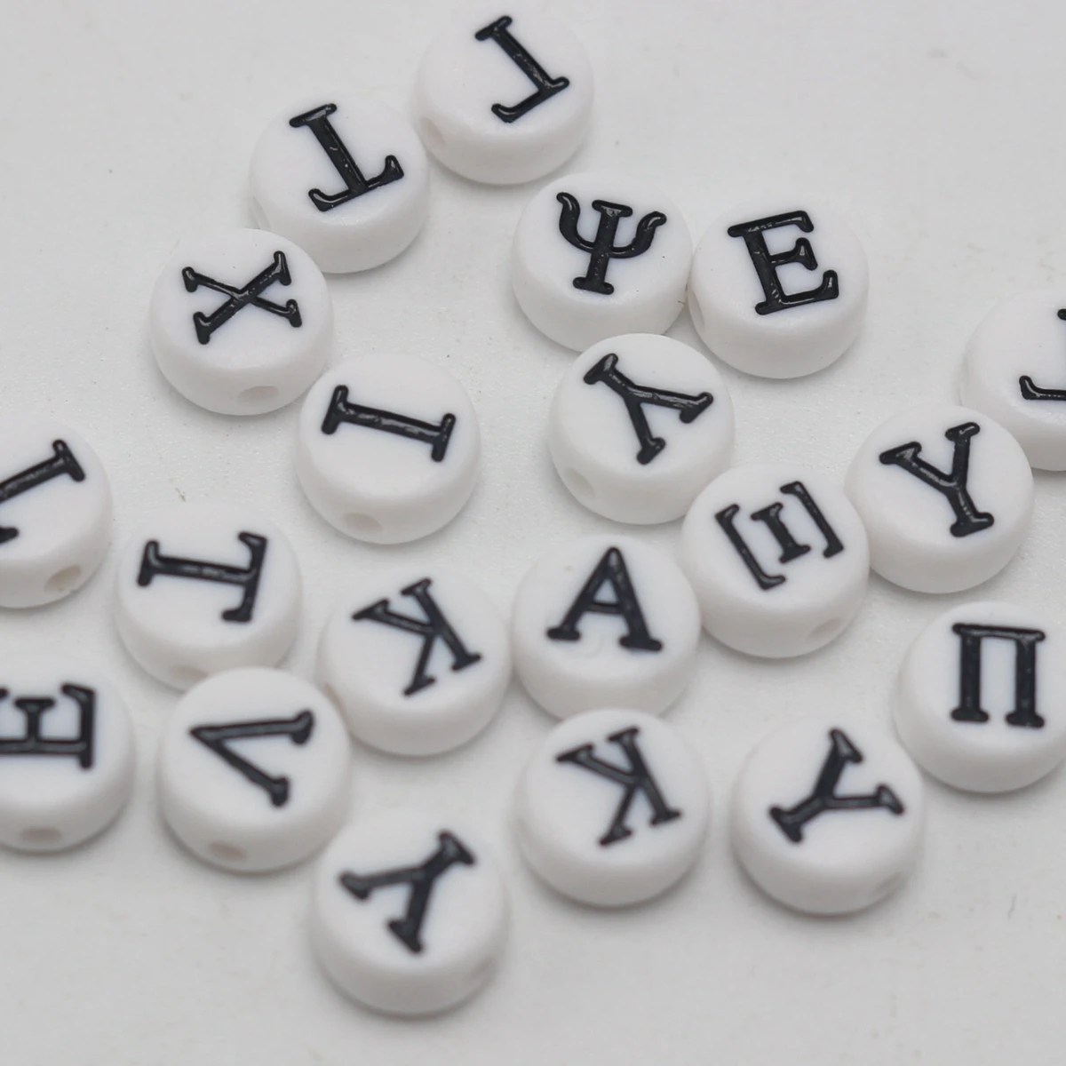 250 White with Black Acrylic Assorted Greek Alphabet Letter Coin Beads 4X7mm