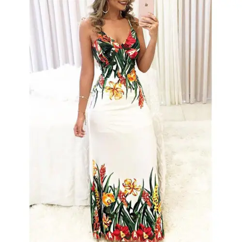 

Elegant Women Summer Floral Sleeveless Strap V neck Boho Dress Casual Long Maxi Evening Party Beach Bohemia Sling Dress Vestido