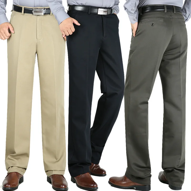 Pantalones casuales gruesos para hombres, pantalones sueltos de cintura alta, elásticos, de algodón de alta calidad, Pantalones rectos para hombres de mediana edad, otoño e invierno, nuevo