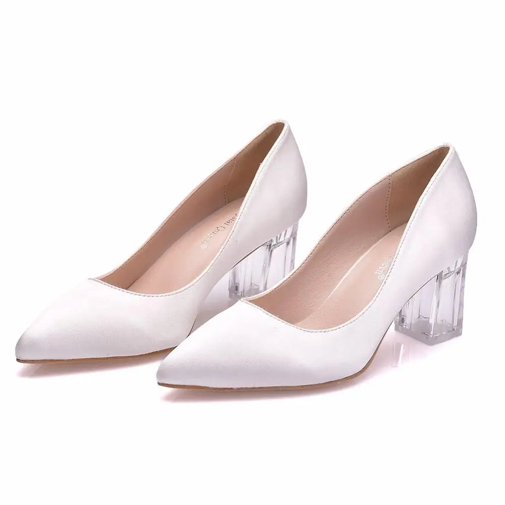 Crystal Queen Women Block 7cm High Heels Lady Scarpins White Satin Pumps Female Wedding Silk Transparent Dress Shoes